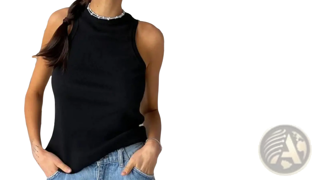 Black ribbed knit sleeveless top with high neck and subtle texture ideal for stylish casual wear