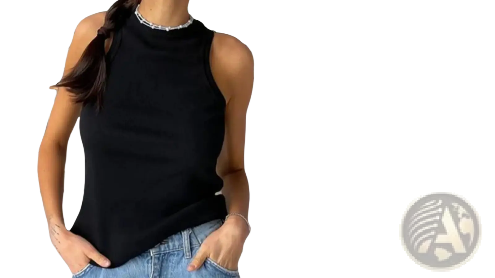 Black ribbed knit sleeveless top with high neck and subtle texture ideal for stylish casual wear