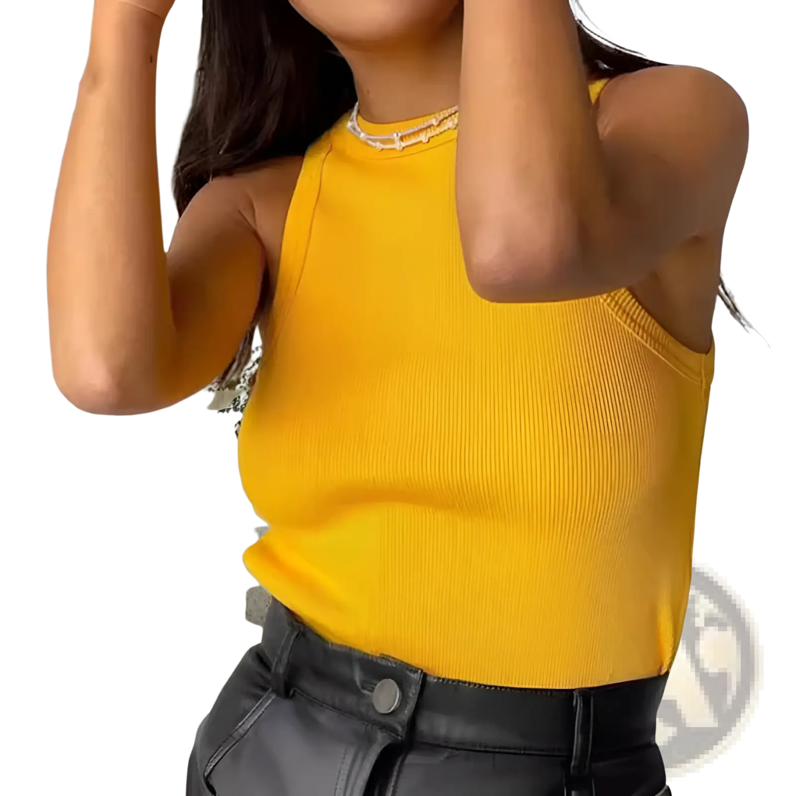 Bright yellow ribbed knit sleeveless top with a high neckline perfect for stylish casual wear