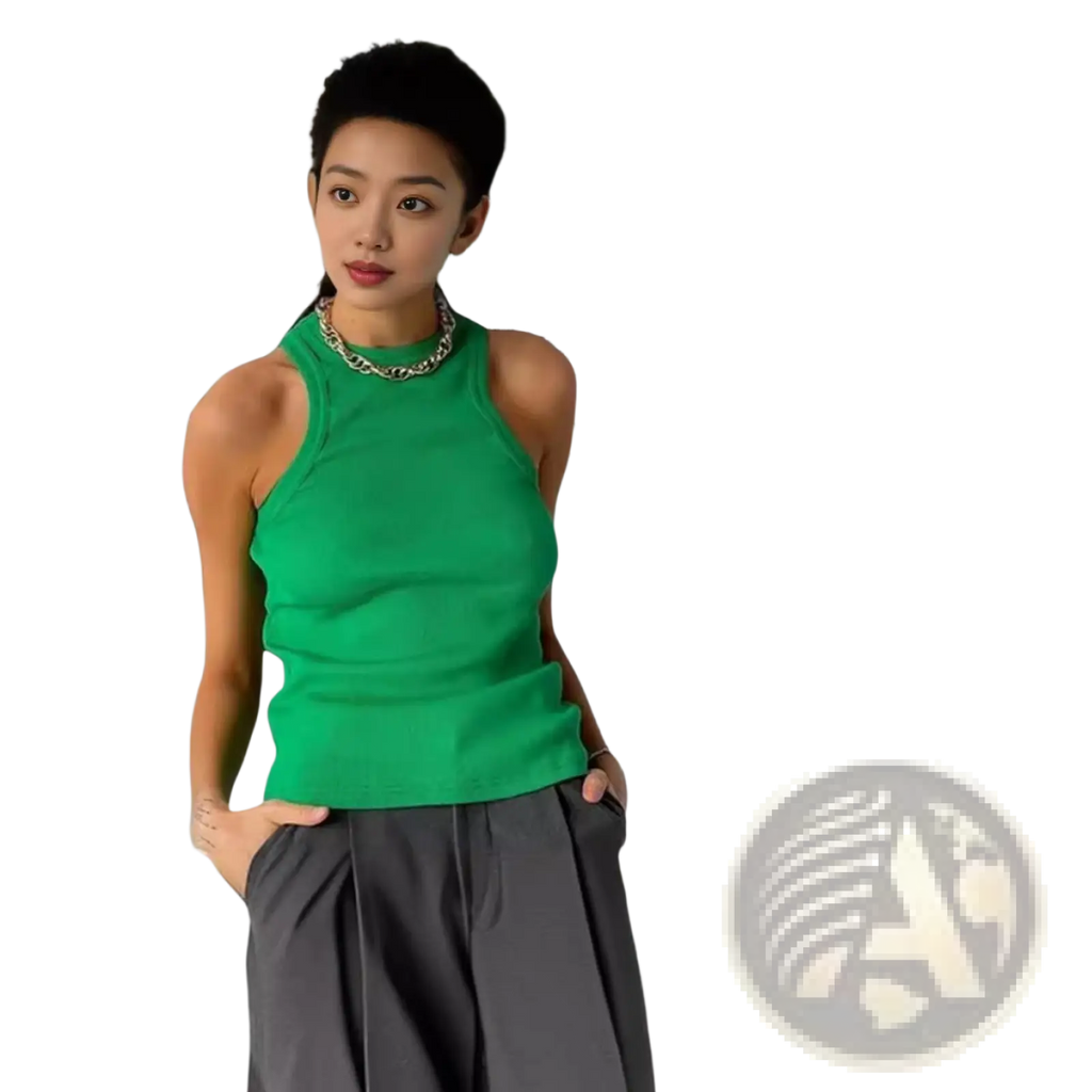 A vibrant green ribbed knit sleeveless top with a high neckline suitable for stylish casual wear