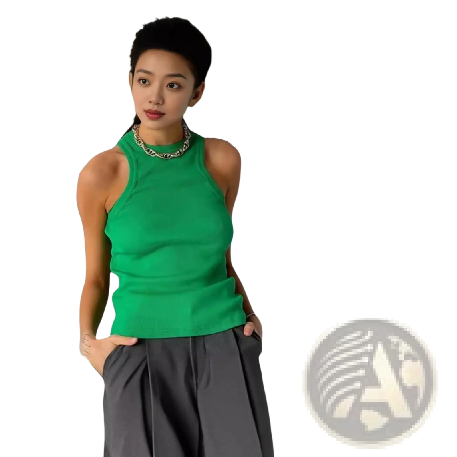 A vibrant green ribbed knit sleeveless top with a high neckline suitable for stylish casual wear