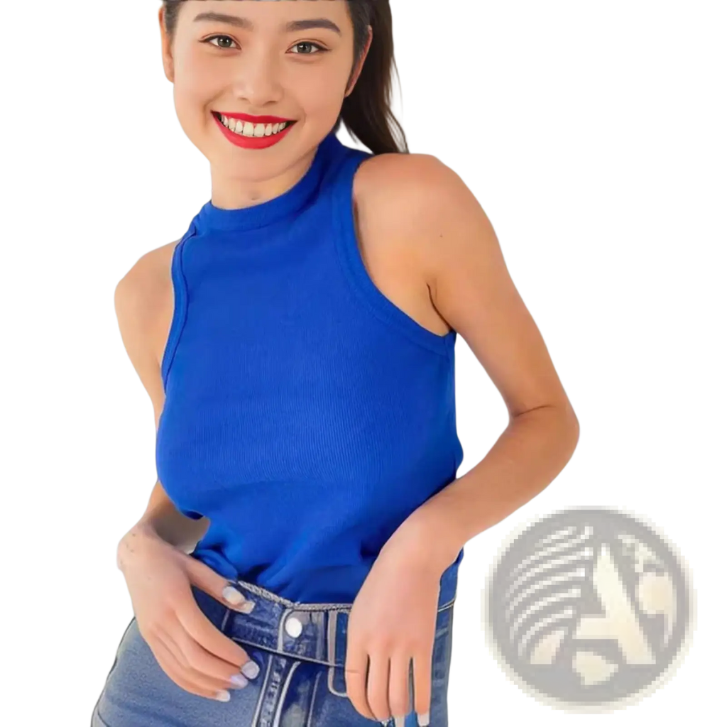 A vibrant royal blue ribbed knit sleeveless high neck top made of soft fabric for stylish casual wear