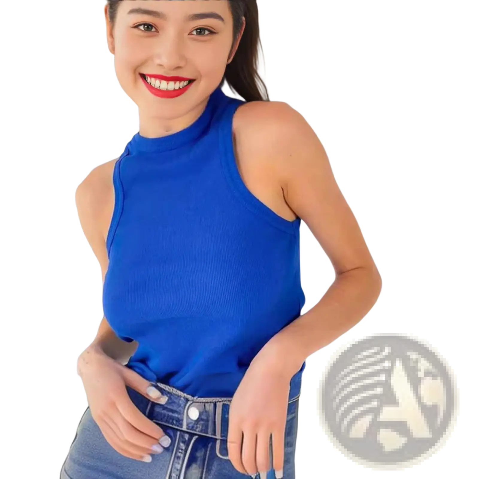 A vibrant royal blue ribbed knit sleeveless high neck top made of soft fabric for stylish casual wear