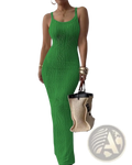 A vibrant green ribbed knit sleeveless midi dress with a square neck and fitted silhouette
