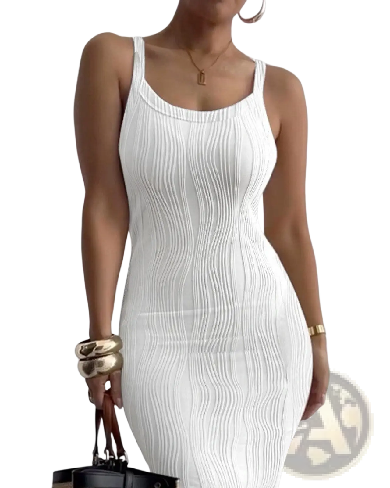 White ribbed knit square neck sleeveless midi dress with fitted silhouette and subtle vertical pleats