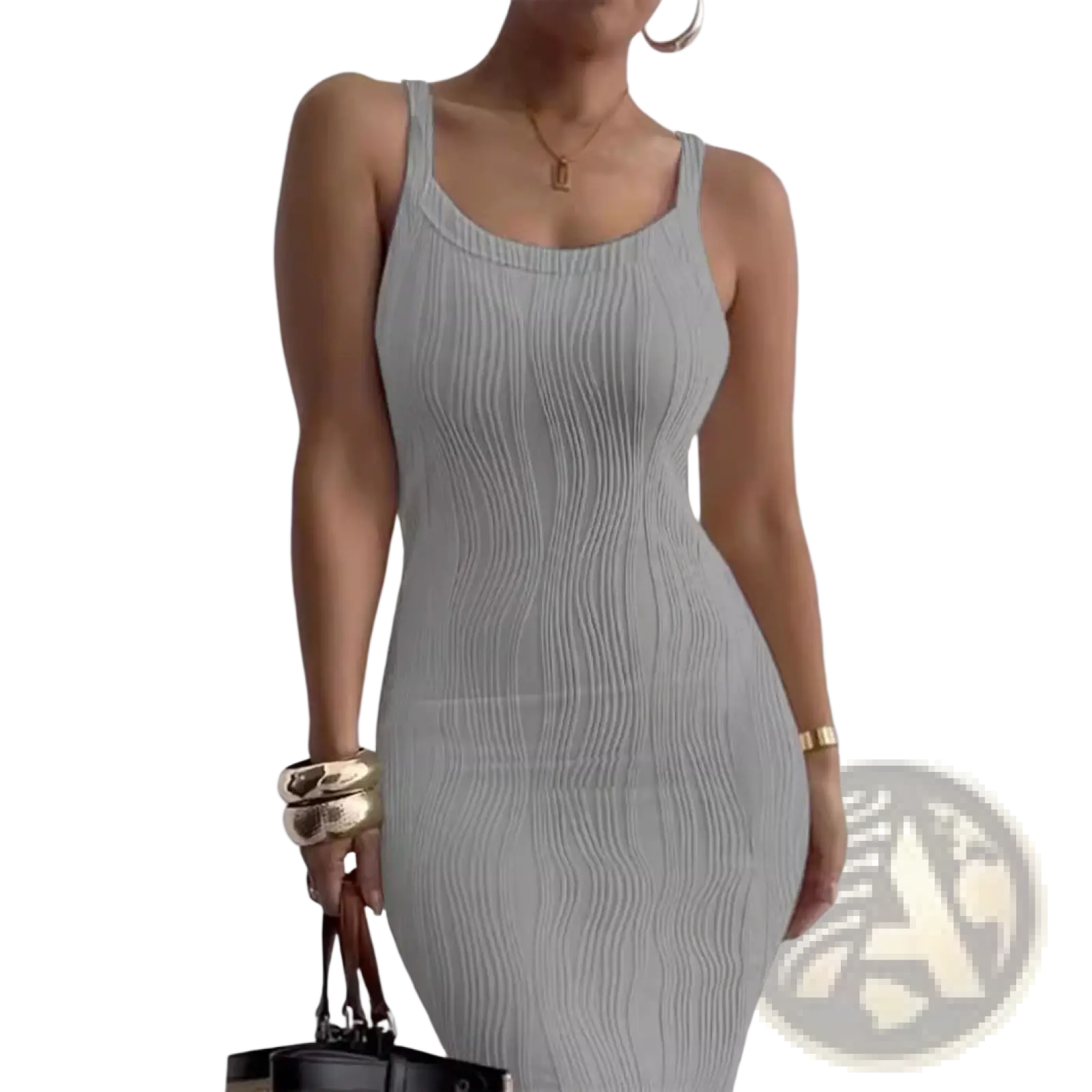 A sleek light gray ribbed knit sleeveless midi dress with a fitted silhouette and square neck design