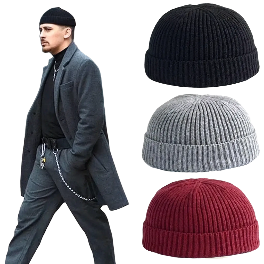 Black gray and red ribbed knit winter beanie hats with folded brims unisex warm caps