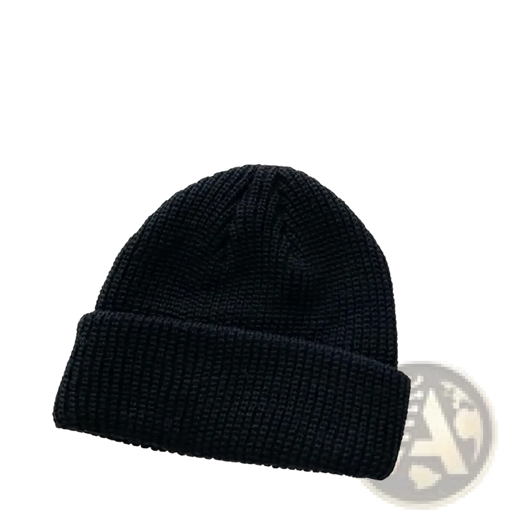 Black ribbed knit winter beanie hat with folded cuff made of warm yarn for unisex use in cold weather