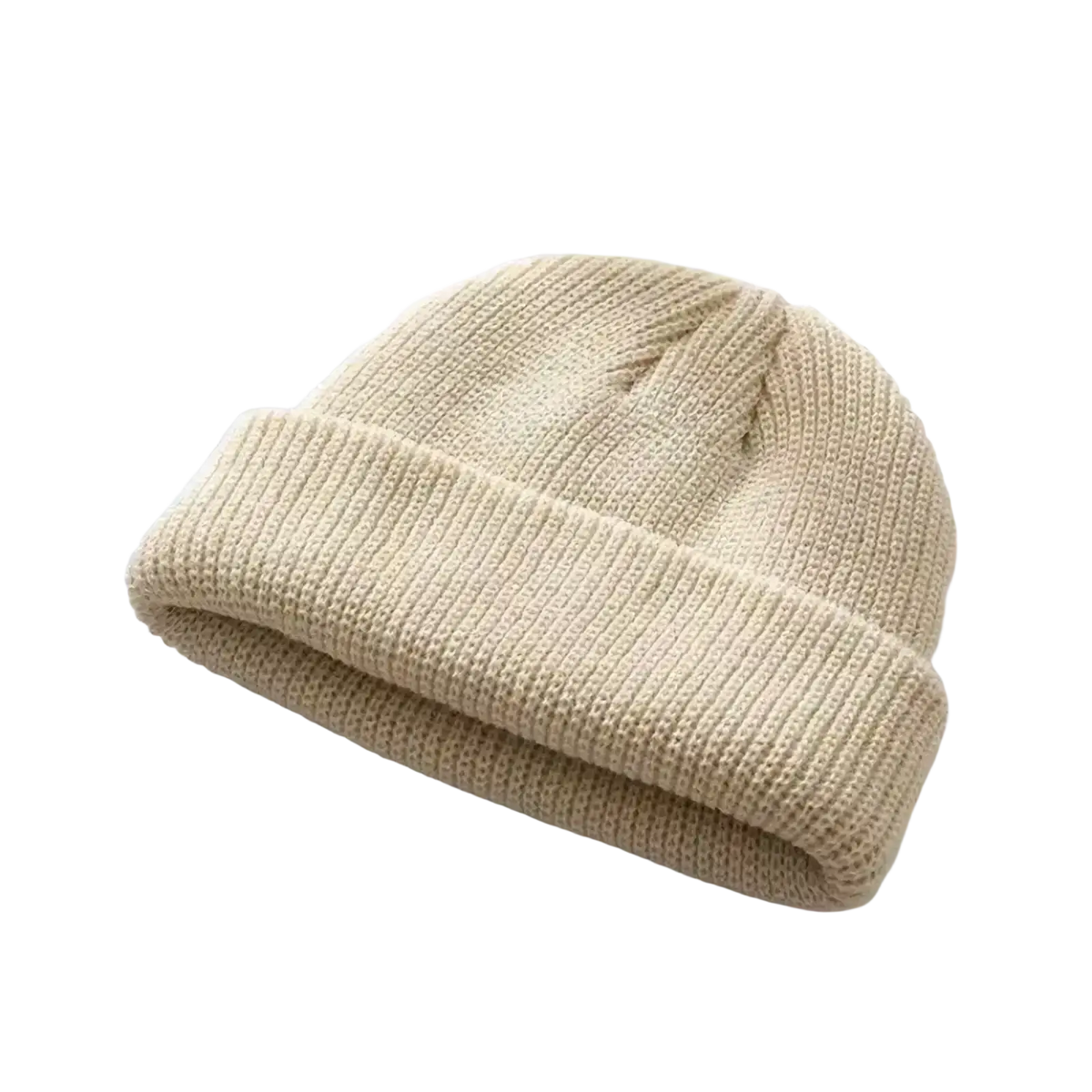 Cream-colored ribbed knit winter beanie with folded cuff designed as a warm unisex knit winter beanie hat