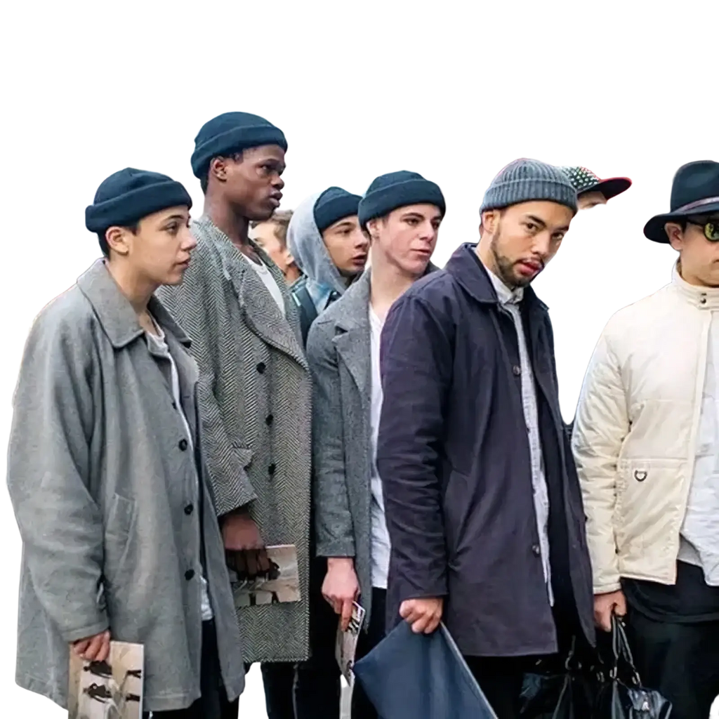 A group of men wearing dark blue ribbed knit winter beanie hats and layered coats stand in a line