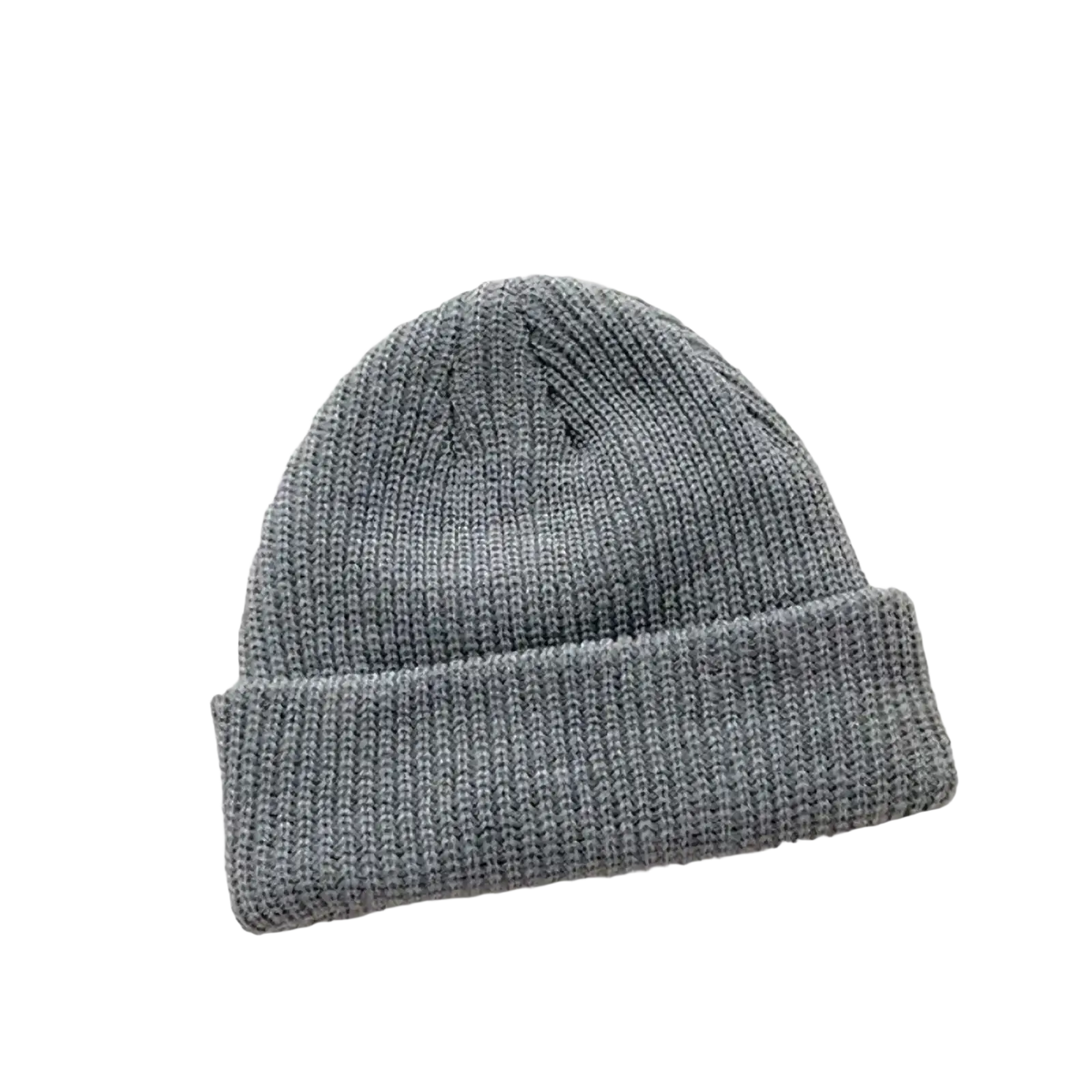A soft heather gray ribbed knit winter beanie with a folded cuff for unisex warm wear
