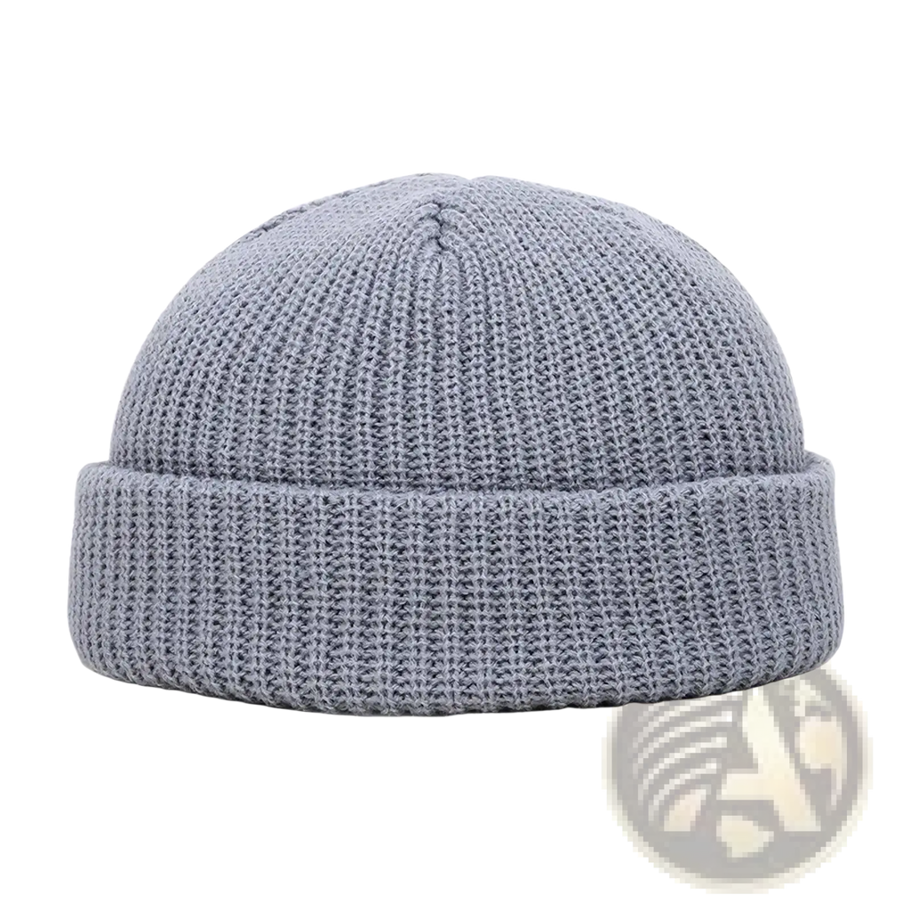 A soft light gray ribbed knit winter beanie hat with folded cuff for unisex warmth and comfort