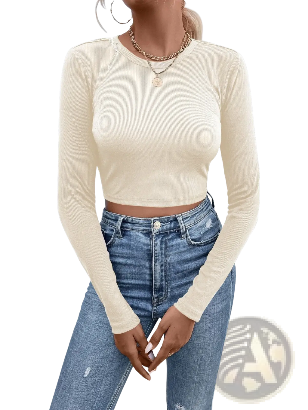 Cream-colored ribbed long sleeve crop top with back satin bow detail shown from the back side