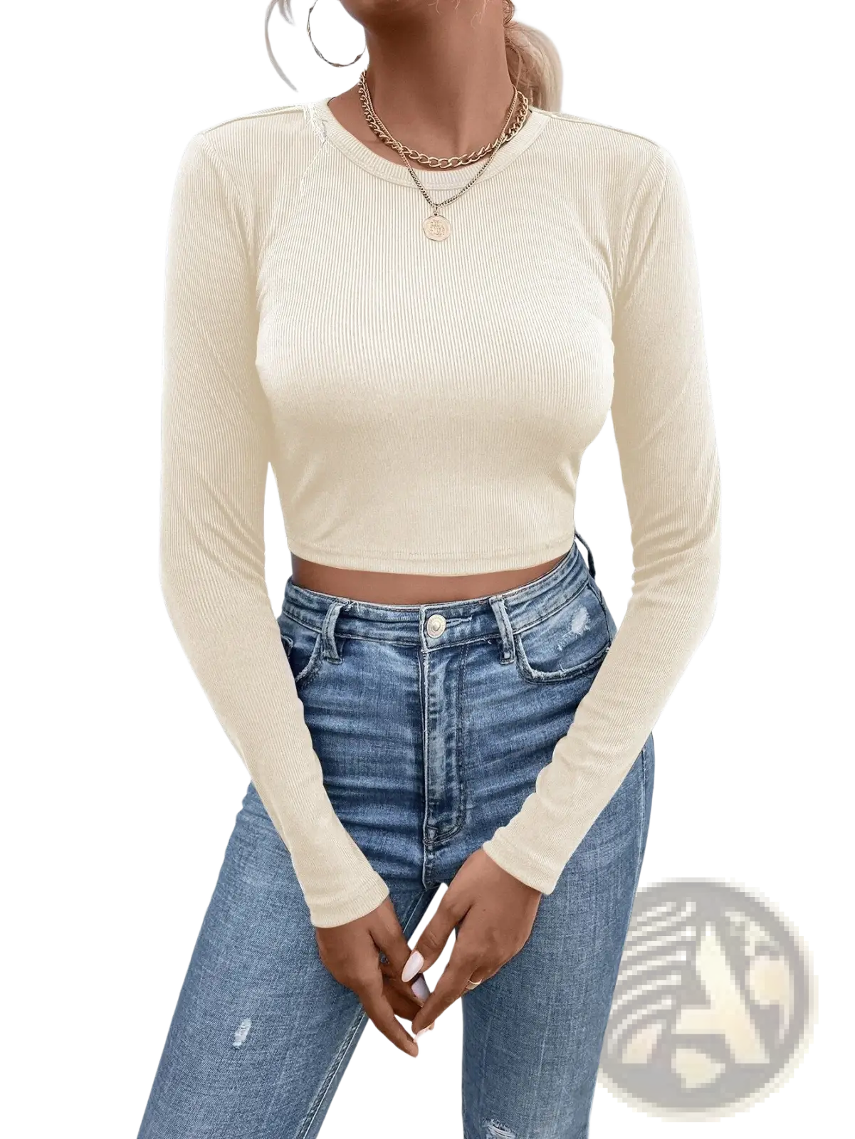 Cream-colored ribbed long sleeve crop top with back satin bow detail shown from the back side