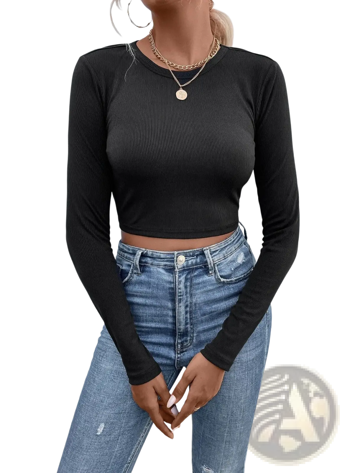 Black ribbed long sleeve crop top featuring a satin bow on the back made from soft stretch fabric