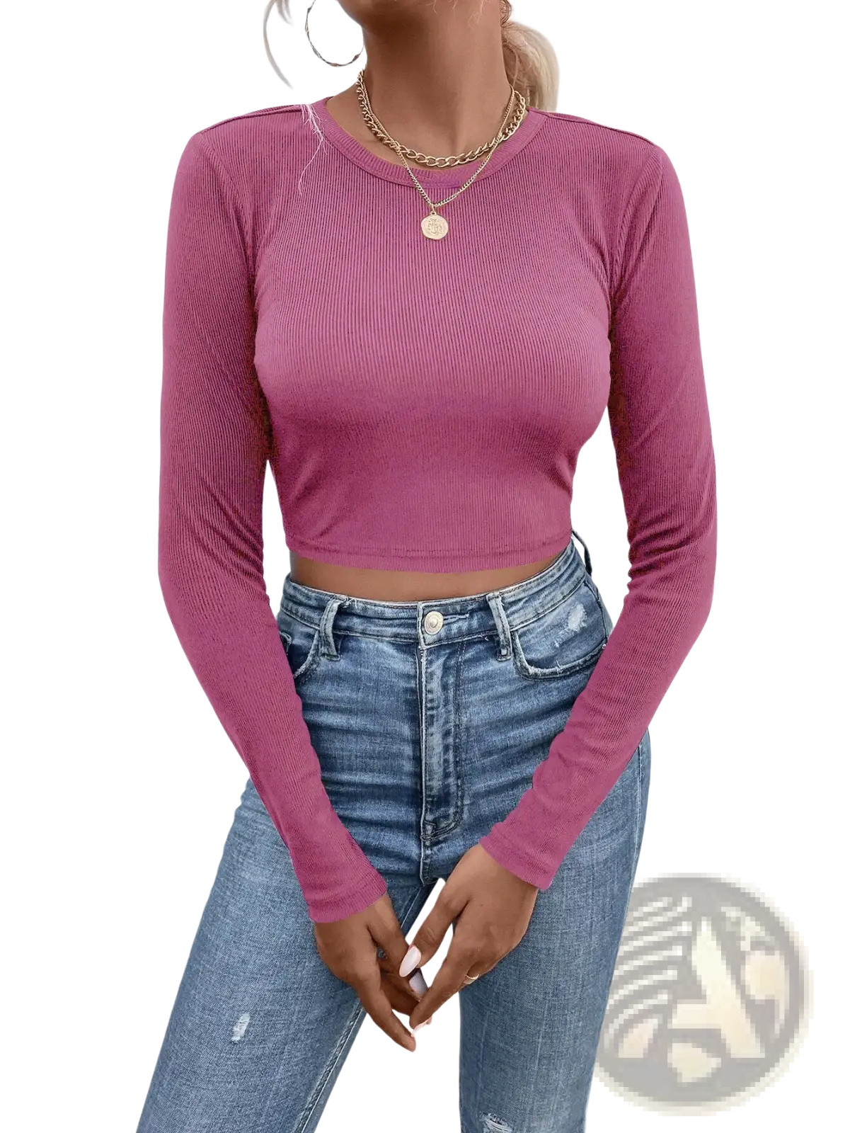 A soft pink ribbed long sleeve crop top made of knit fabric with a back satin bow detail shown from the back side