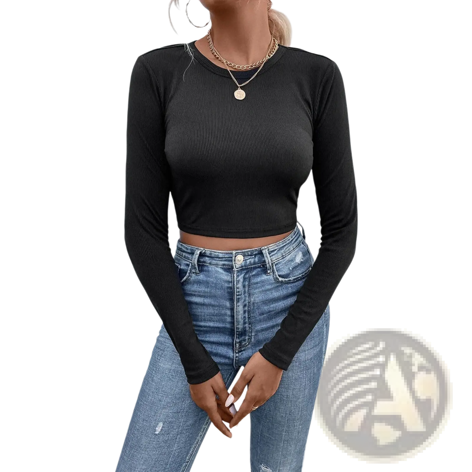 Black ribbed long-sleeve crop top with back satin bow detail shown from the back side