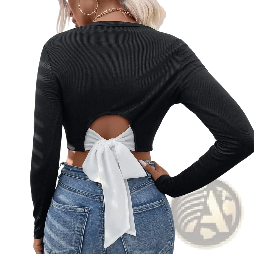 Black ribbed long sleeve crop top showing back with a white satin bow detail designed for stylish wear