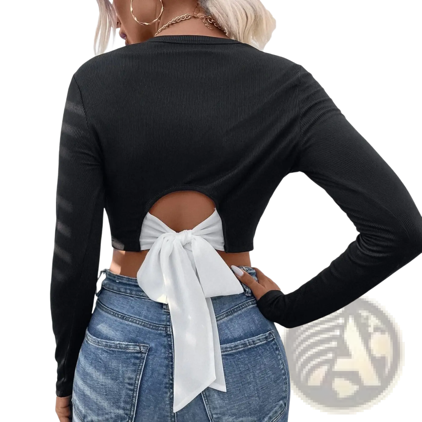 Black ribbed long sleeve crop top showing back with a white satin bow detail designed for stylish wear