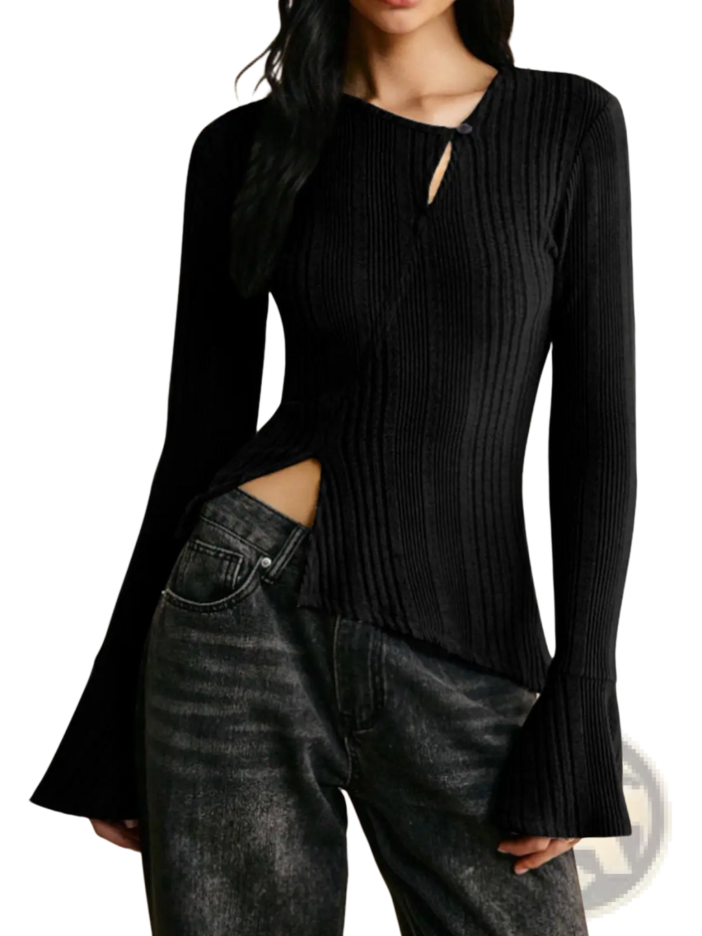 Black ribbed knit long sleeve cutout top with flared cuffs and keyhole neckline for stylish wear