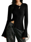 Black ribbed knit long sleeve cutout top with flared cuffs and keyhole neckline for stylish wear