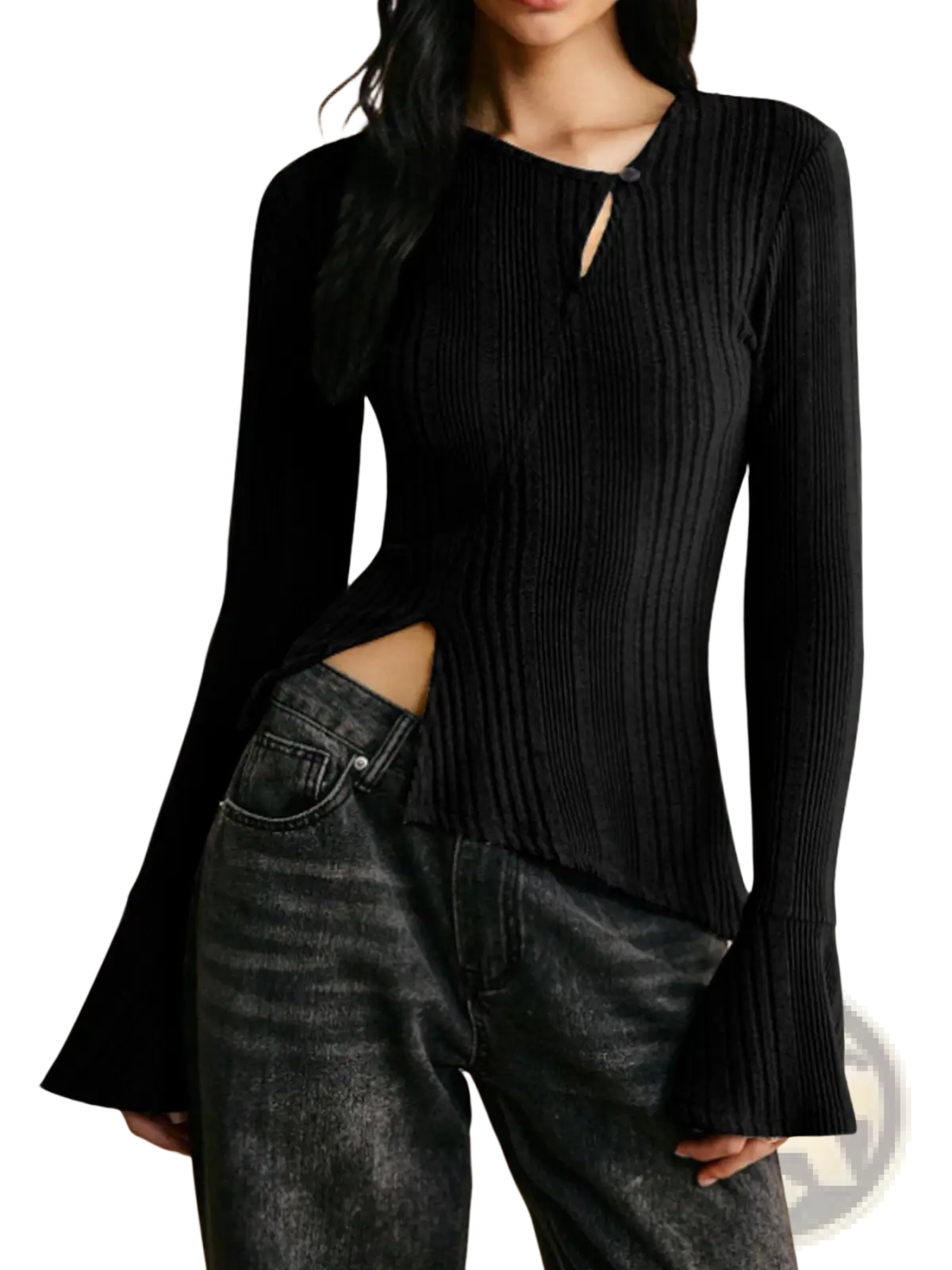 Black ribbed knit long sleeve cutout top with flared cuffs and keyhole neckline for stylish wear