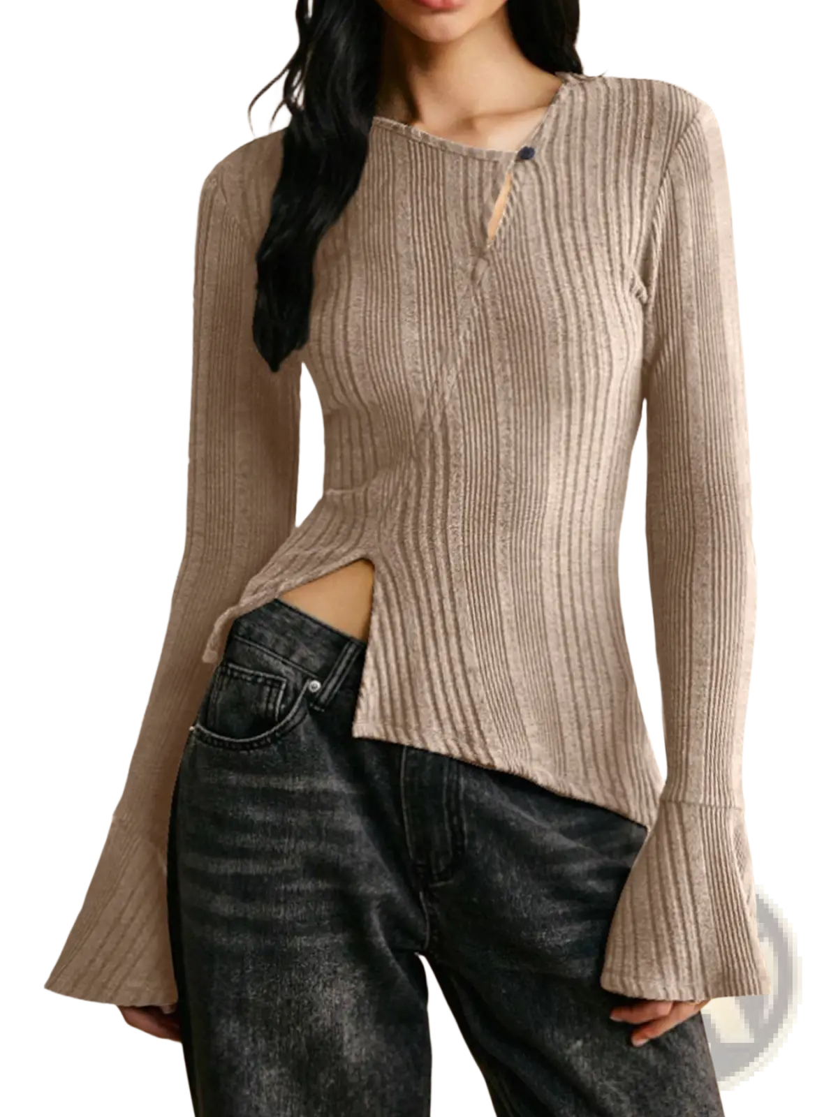 A ribbed beige long sleeve top with asymmetrical cut and flared cuffs designed for a flattering fit