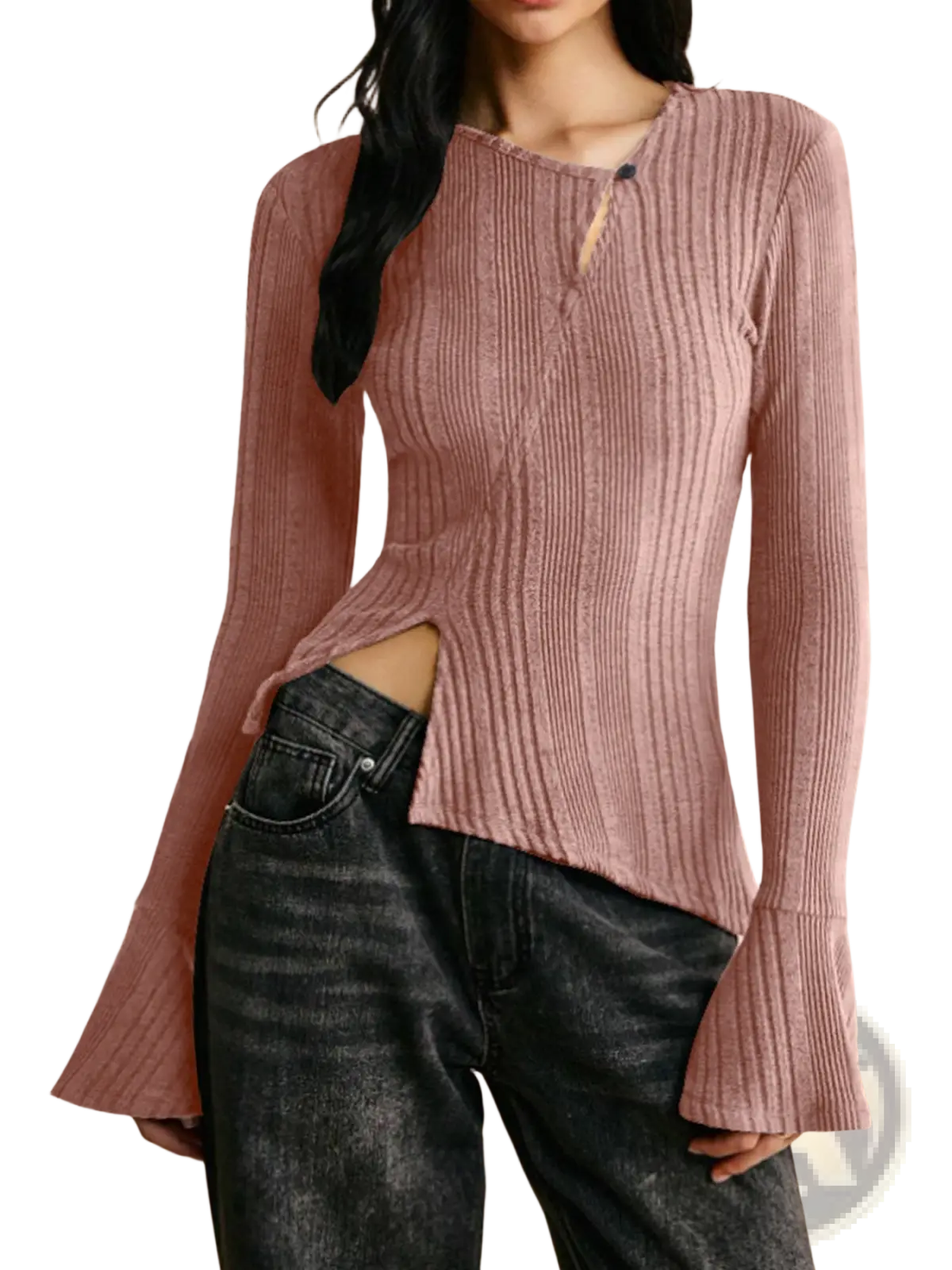 A ribbed dusty rose long sleeve cutout top with flared hem showcasing a stylish side detail
