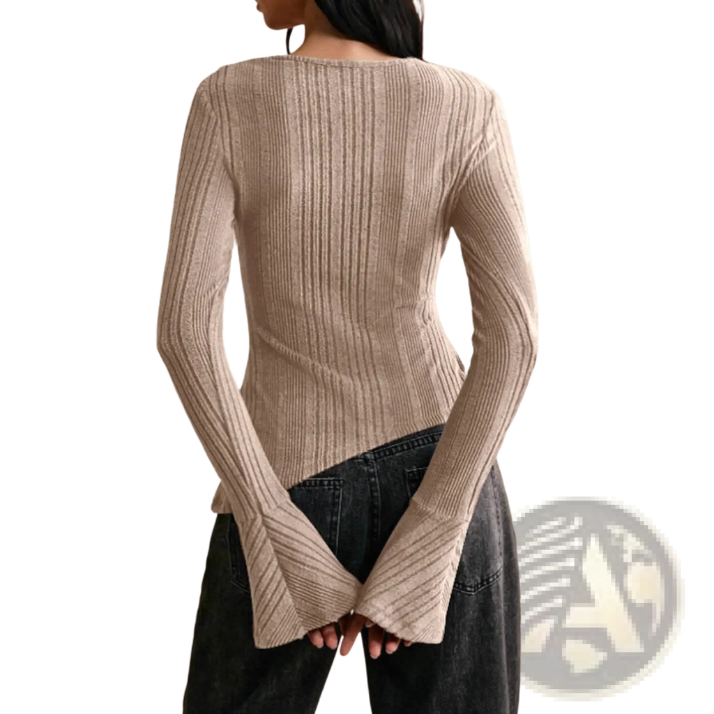 Beige ribbed knit long-sleeve top with cutout detail and flared cuffs in a lightweight fabric