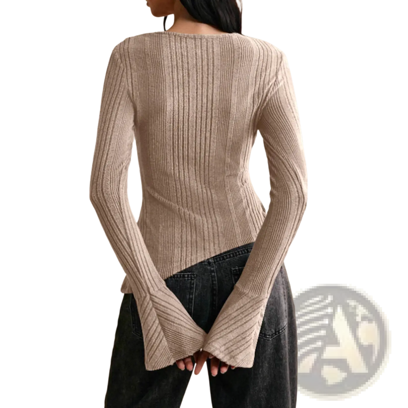 Beige ribbed knit long-sleeve top with cutout detail and flared cuffs in a lightweight fabric