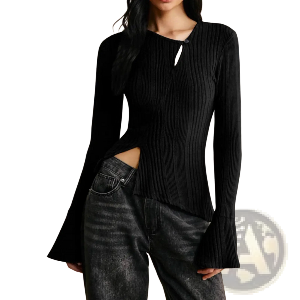 Black ribbed knit long sleeve top with keyhole neckline and flared cuffs for stylish casual wear