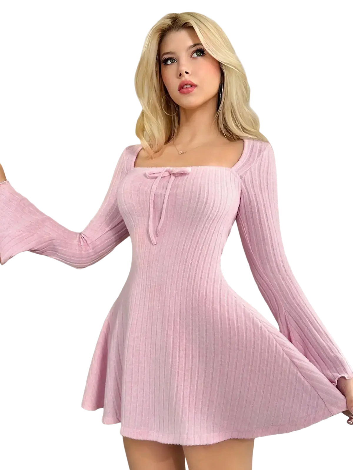 A soft pink ribbed long sleeve knit mini dress with square neckline and matching front tie for winter outfit