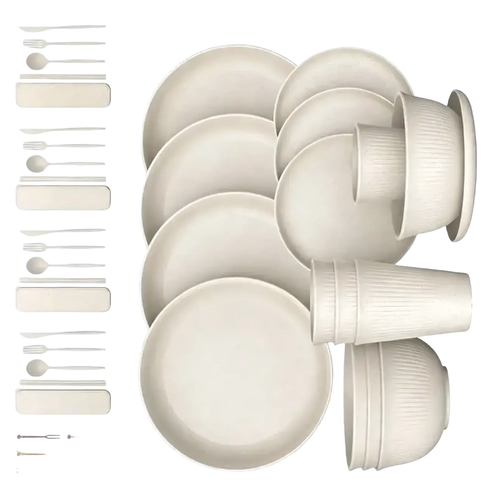 Beige ribbed plastic bamboo dinnerware set with bowls plates and utensils for camping and home use
