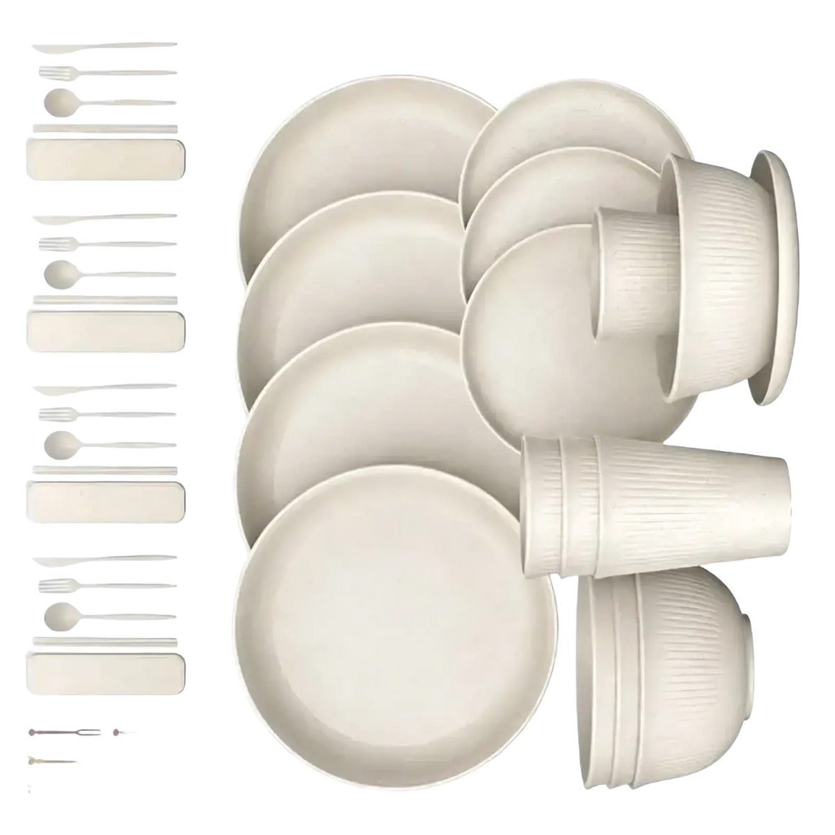 Beige ribbed plastic bamboo dinnerware set with bowls plates and utensils for camping and home use