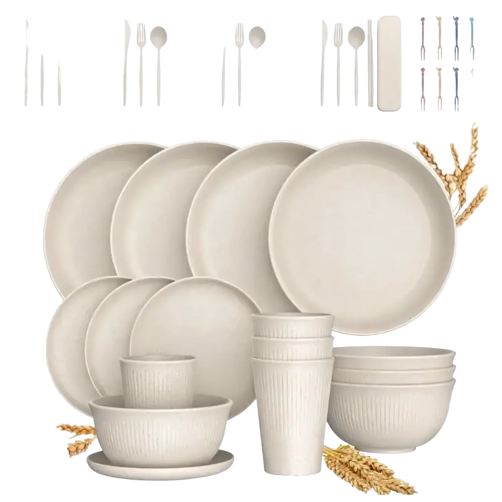 Beige ribbed plastic dinnerware set with matching utensils designed for camping and home use