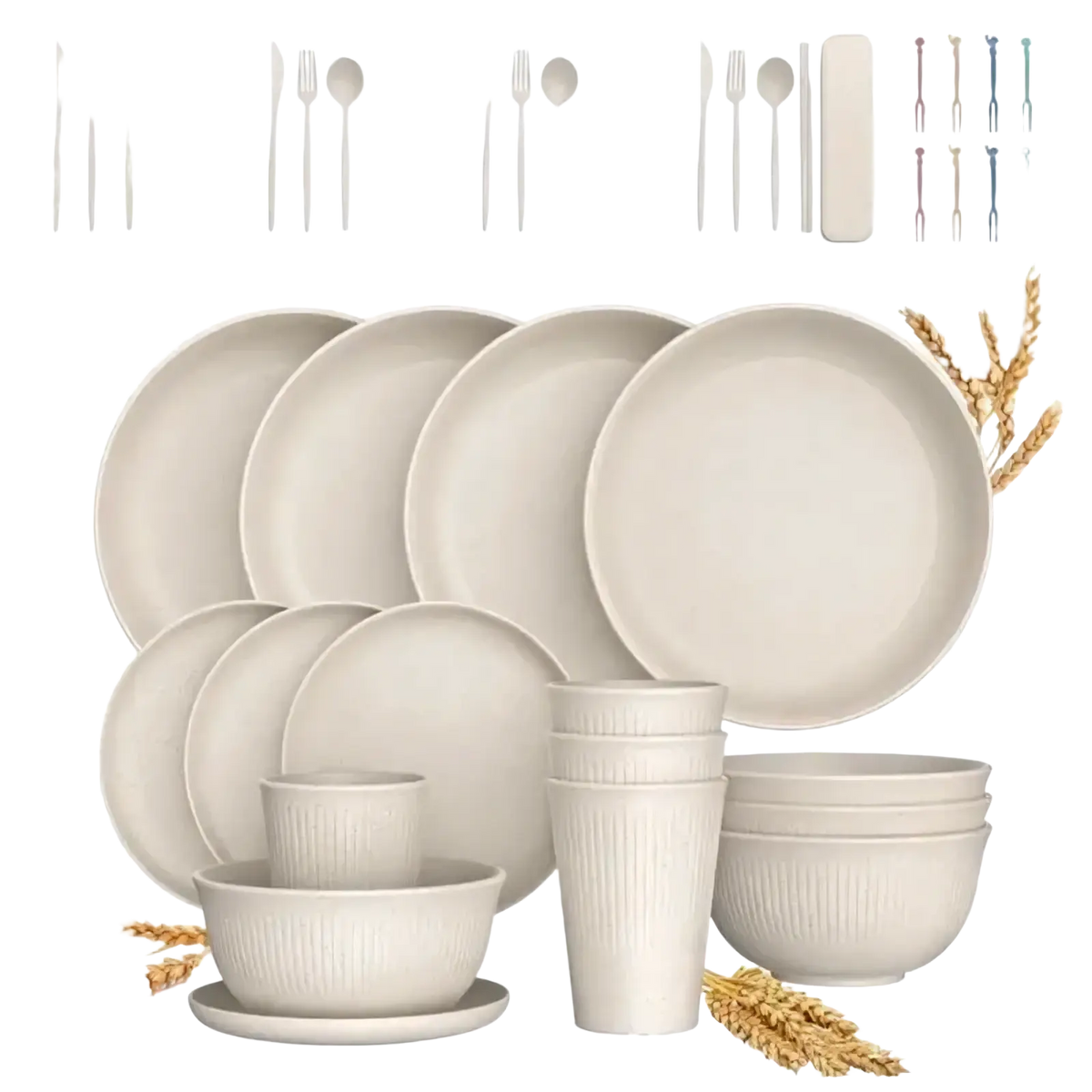 Beige ribbed plastic dinnerware set with matching utensils designed for camping and home use