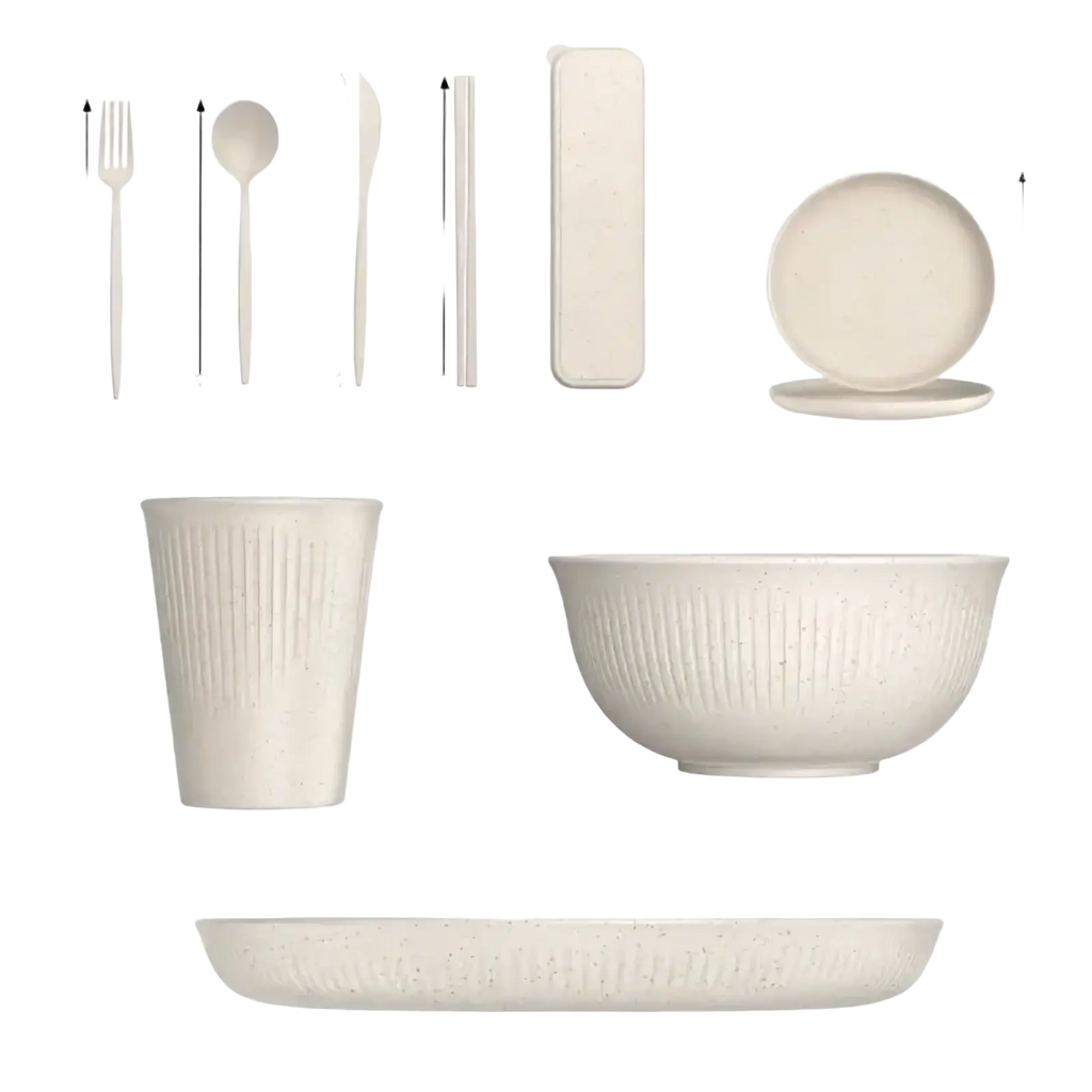 Beige ribbed plastic disposable dinnerware set featuring textured bowl and matching plates for camping and home use