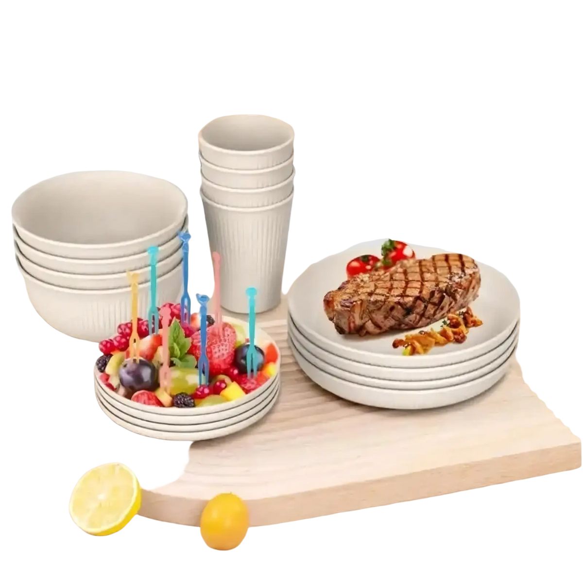 Stack of beige ribbed plastic ceramic bowls from ribbed plastic dinnerware set for camping and home use