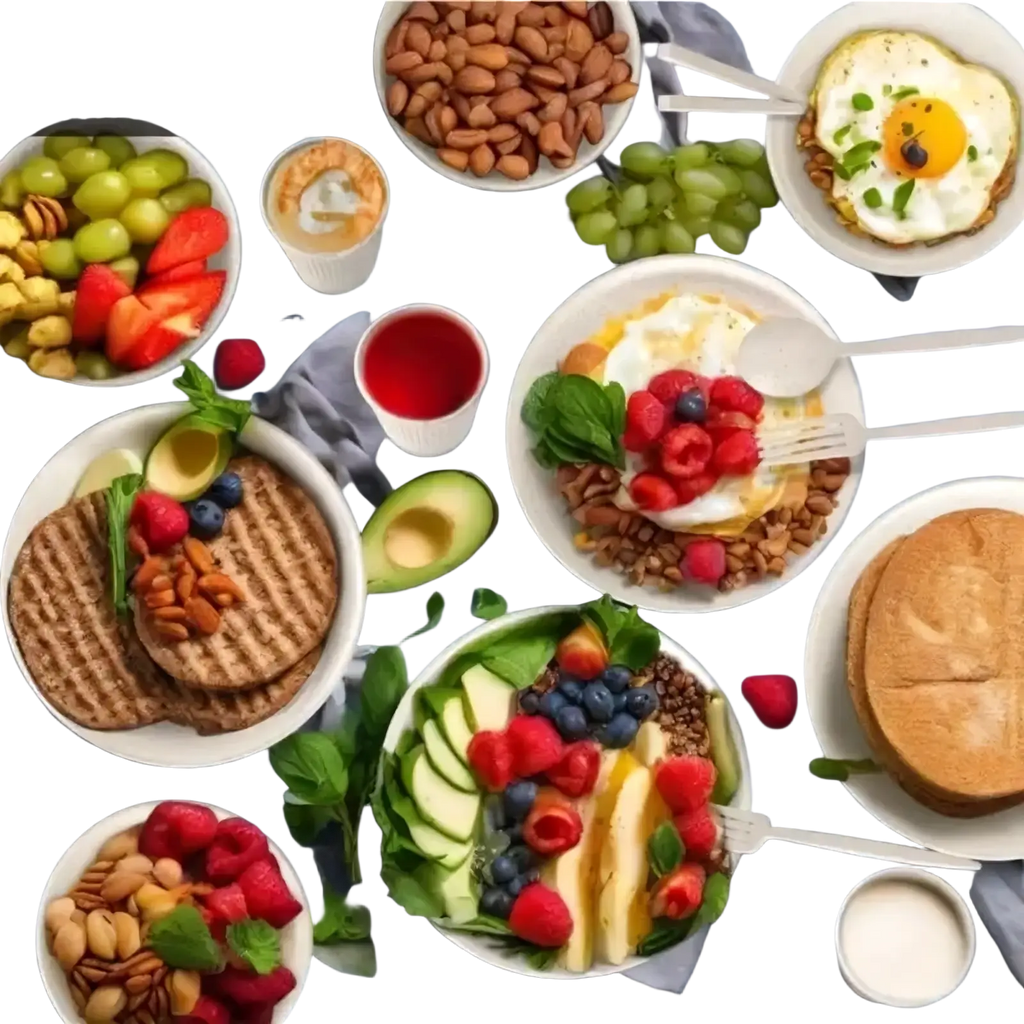 A vibrant breakfast spread in colorful ribbed plastic dinnerware set ideal for camping and home use on a cool surface