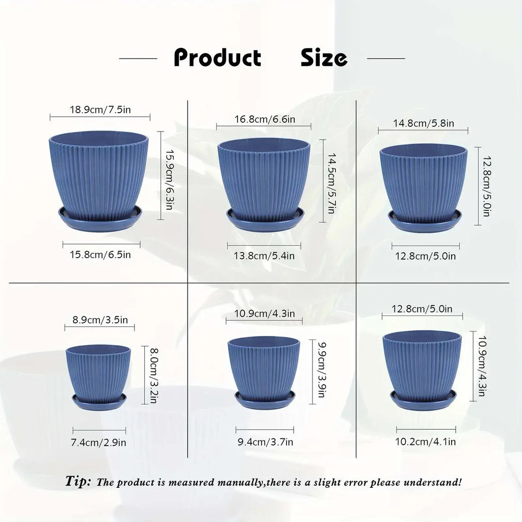 Set of six blue ribbed plastic nursery pots with matching saucers in varying sizes for versatile planting