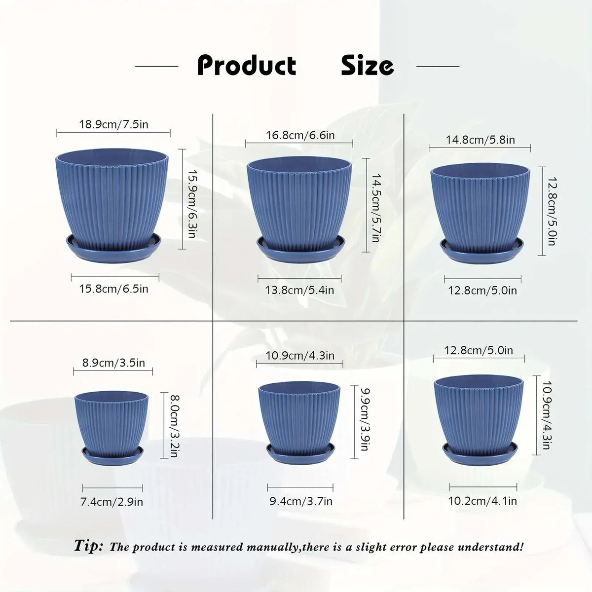 Set of six blue ribbed plastic nursery pots with matching saucers in varying sizes for versatile planting
