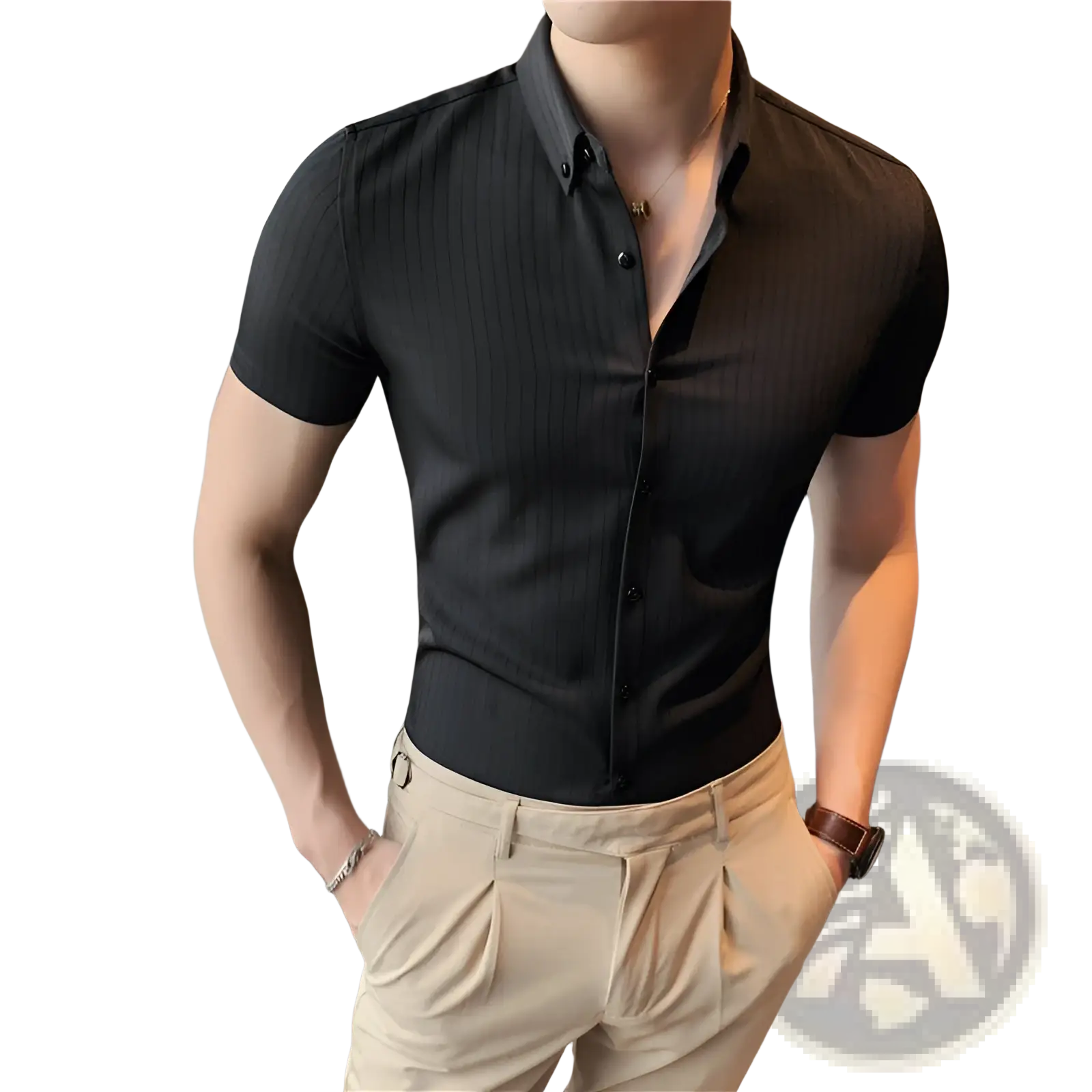 Black ribbed short sleeve button down shirt with subtle vertical pinstripes suitable for casual and formal wear
