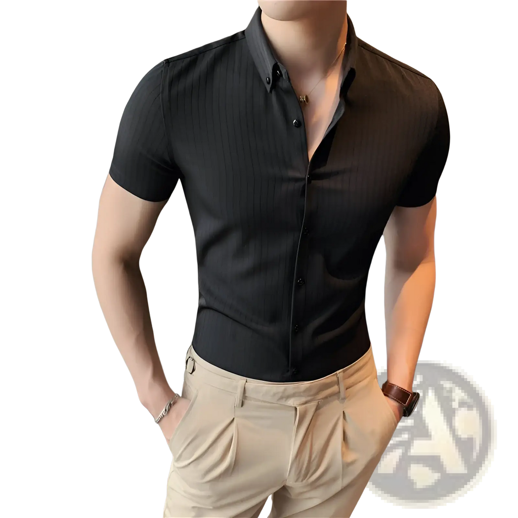 Black ribbed short sleeve button down shirt with subtle vertical pinstripes suitable for casual and formal wear