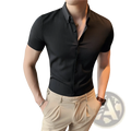 Black ribbed short sleeve button down shirt with subtle vertical pinstripes suitable for casual and formal wear
