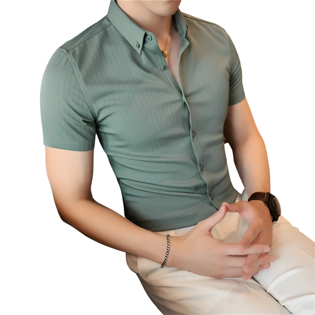 A slim-fit ribbed short sleeve button down shirt in muted sage green with subtle vertical ribbing