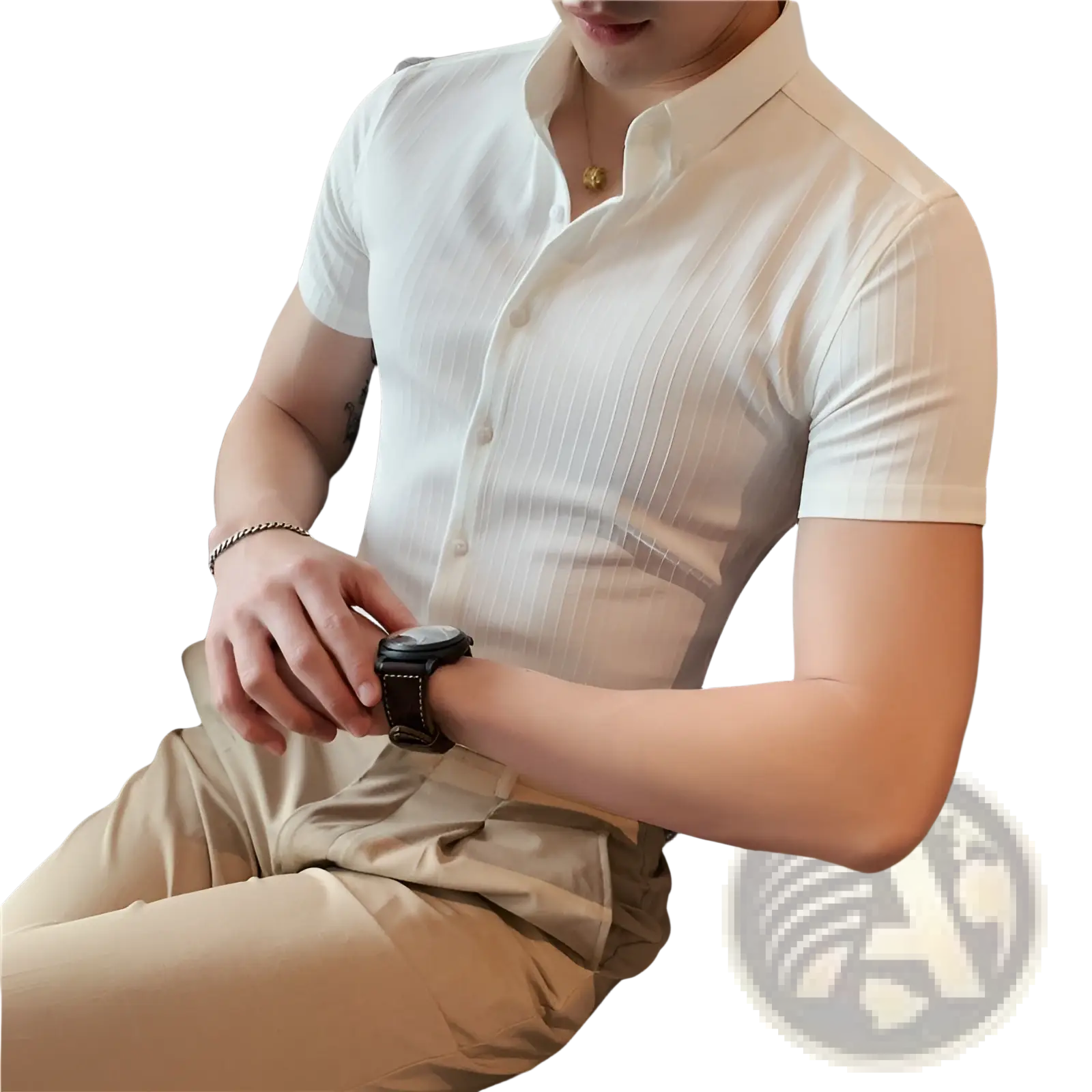 White ribbed short sleeve button down shirt made of soft fabric ideal for casual and office wear