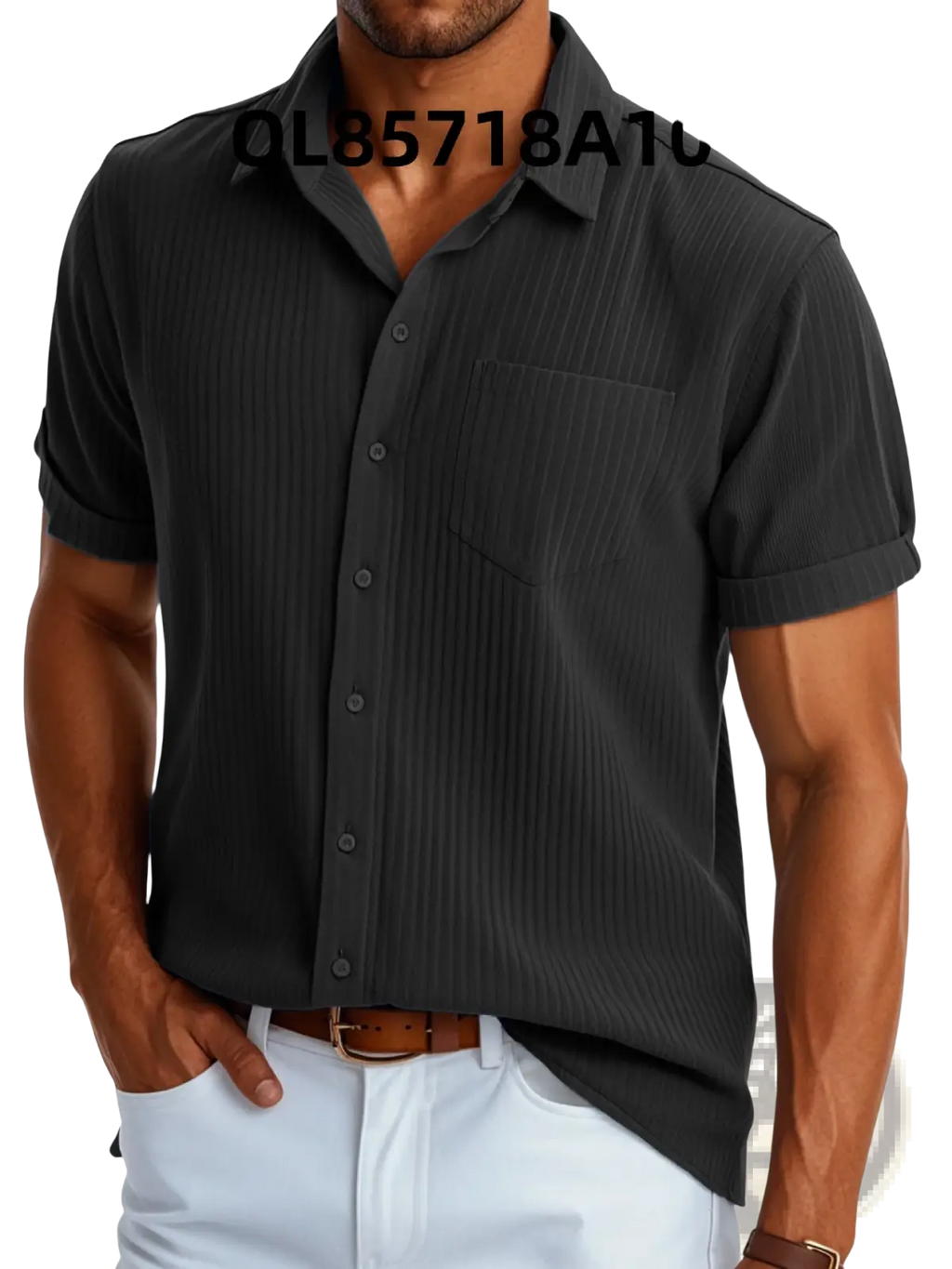 Black ribbed short sleeve button up shirt for men featuring a subtle vertical texture and lightweight fabric