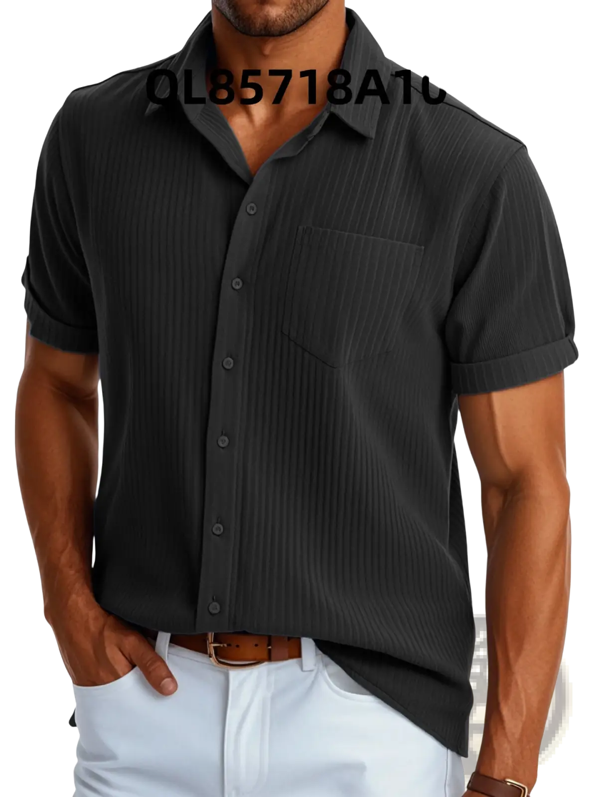 Black ribbed short sleeve button up shirt for men featuring a subtle vertical texture and lightweight fabric