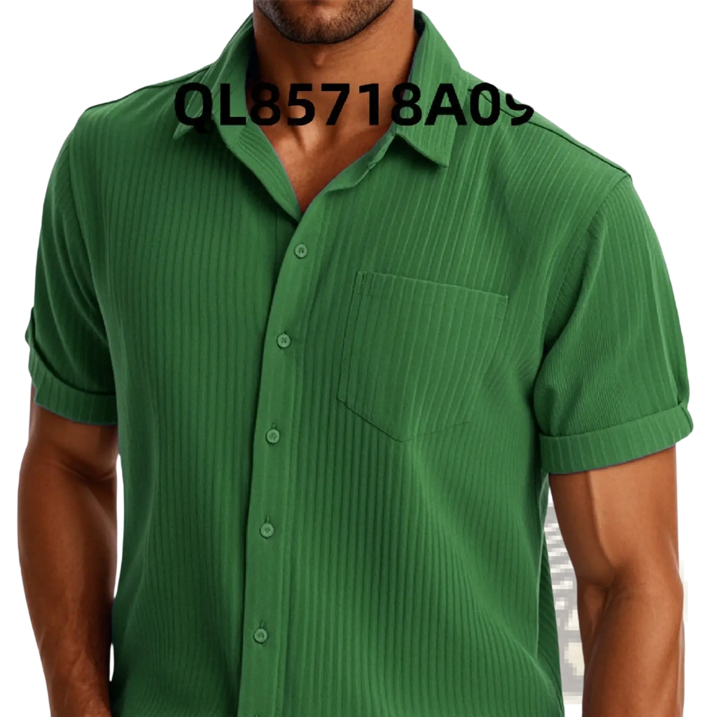 Green ribbed short sleeve button up shirt for men with vertical texture and chest pocket in lightweight fabric