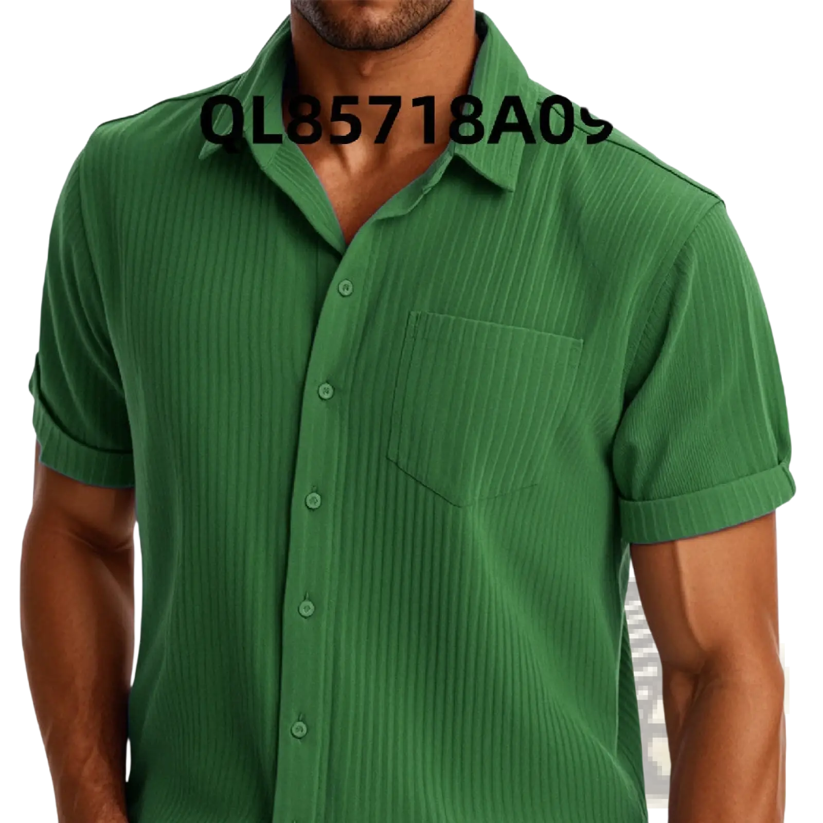 Green ribbed short sleeve button up shirt for men with vertical texture and chest pocket in lightweight fabric